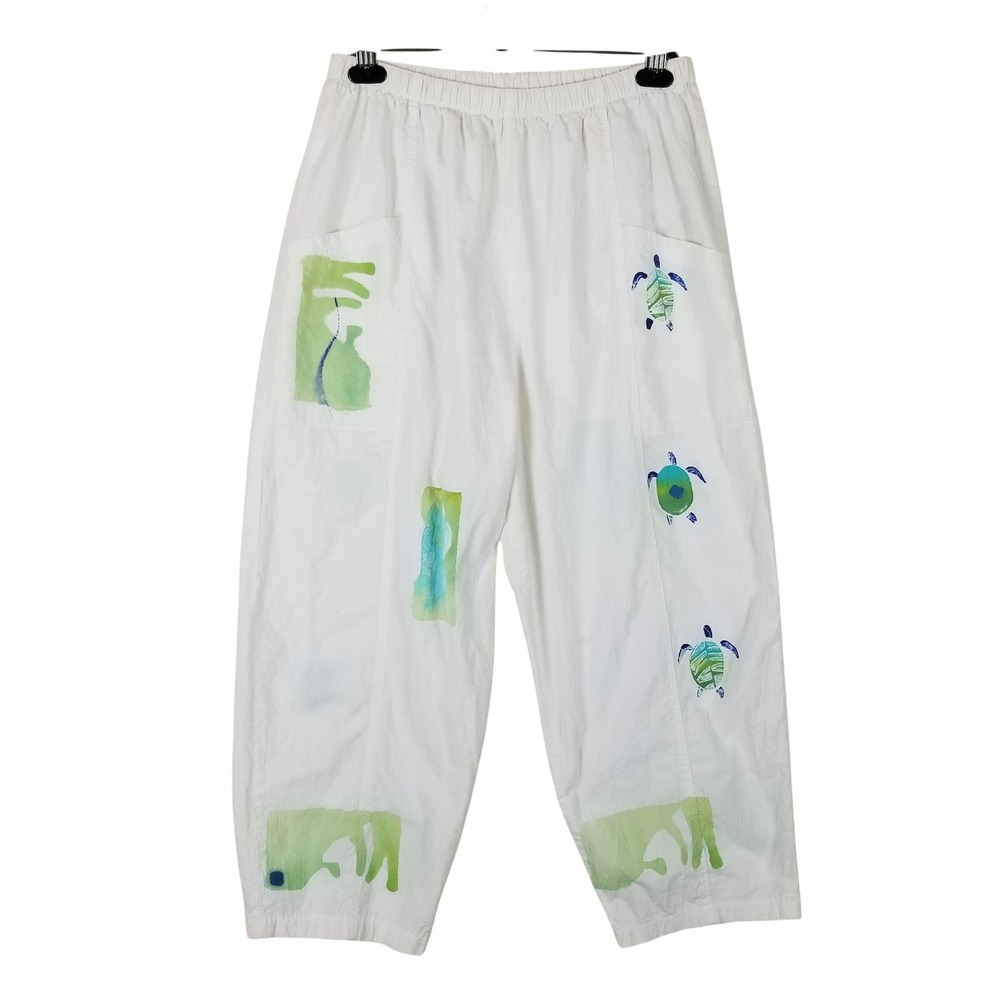 Play Alegre Hand Painted Pants Women L White Sea Turtle Abstract Crop Made USA